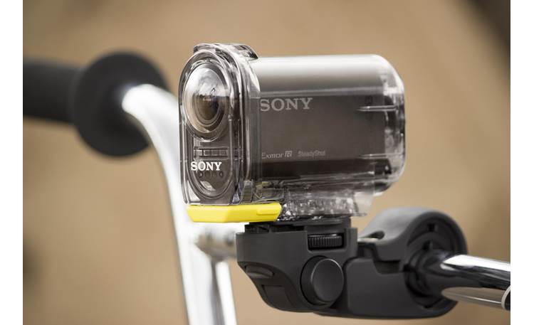 Sony HDR-AS10 Shown with waterproof enclosure on handlebar mount (not included)