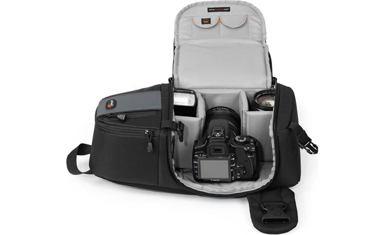 Lowepro Slingshot 102 AW shown with DSLR, lens and flash (not included) in quick-draw position