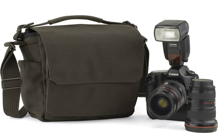 Lowepro Pro Messenger 160 AW shown with Canon DSLR, flash unit, laptop and extra lens (not included)