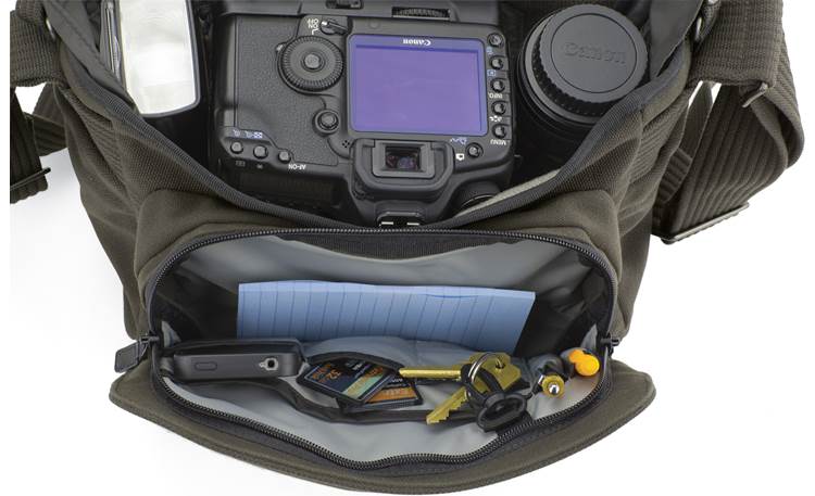 Lowepro Pro Messenger 160 AW interior and zippered compartments, with camera and accessories (not included)