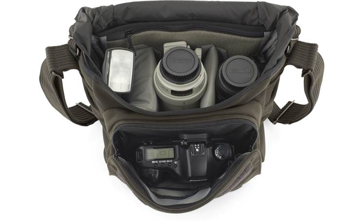Lowepro Pro Messenger 180 AW Interior and zippered compartments, with camera and accessories (not included)