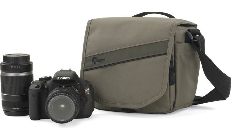 Lowepro Event Messenger 100 shown with Canon DSLR and extra lens (not included)