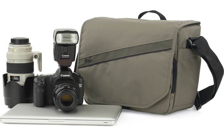 Lowepro Event Messenger 250 shown with Canon DSLR, flash unit, laptop and extra lens (not included)