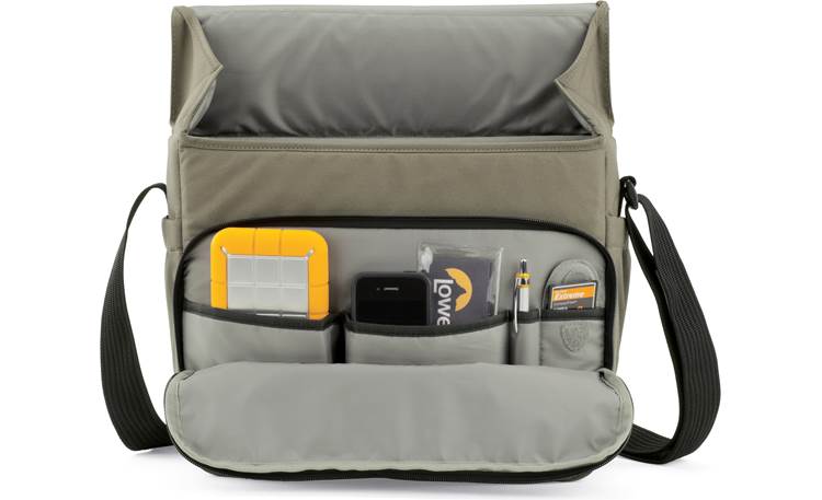 Lowepro Event Messenger 250 interior and zippered compartments, with camera and accessories (not included)