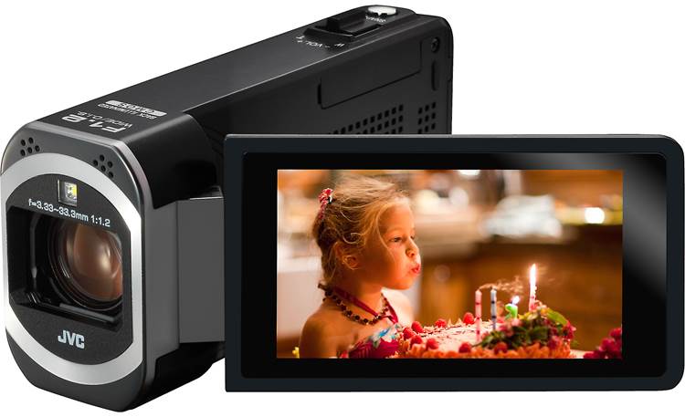 JVC Everio GZ-VX700 Front, 3/4 view, touchscreen display angled outwards