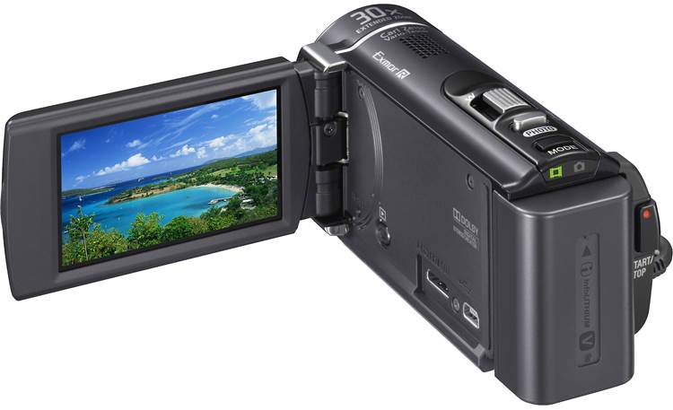 Sony Handycam® HDR-CX200 Back, 3/4 view, with LCD display flipped out