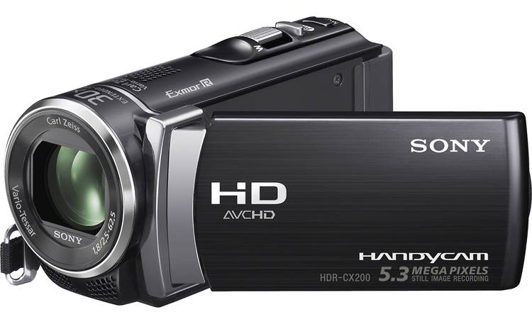 Sony Handycam® HDR-CX200 Front, 3/4 view, touchscreen display angled outwards