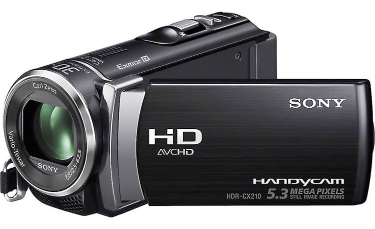 Sony Handycam® HDR-CX210 left side 3/4 view, with LCD touch-screen extended