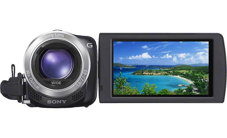 Sony Handycam® HDR-CX260V Front, with flip-out LCD touchscreen display rotated forward