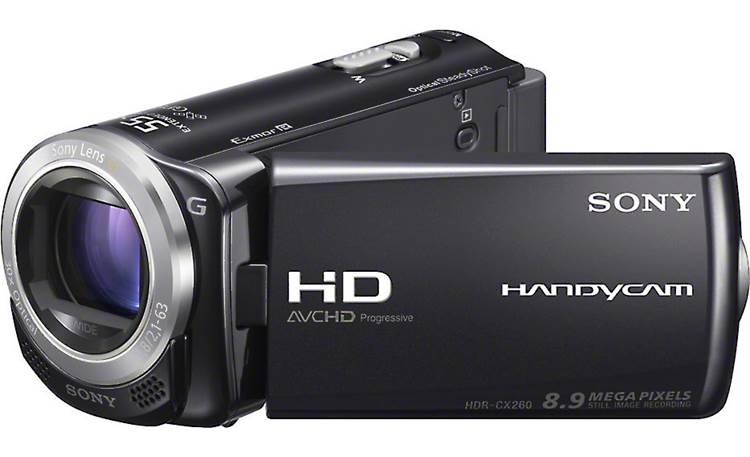 Sony Handycam® HDR-CX260V Front, 3/4 view, touchscreen display angled outwards