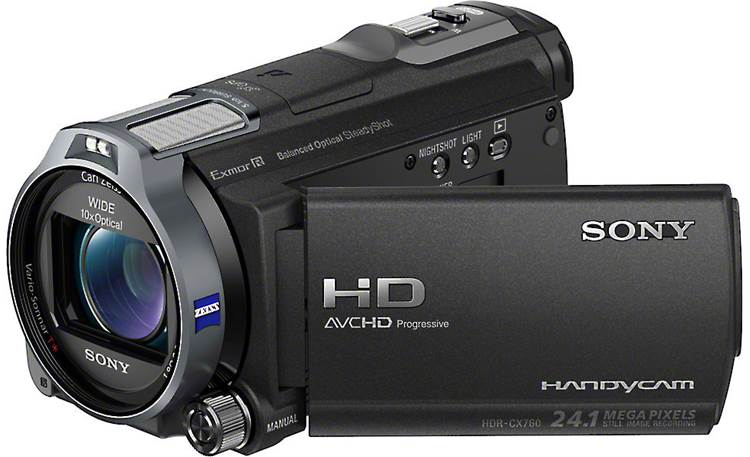 Sony Handycam® HDR-CX760V Front, 3/4 view, touchscreen display angled outwards