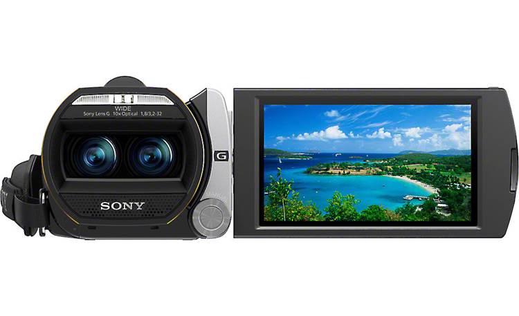 Sony Handycam® HDR-TD20V Front, straight-on, LCD rotated toward front