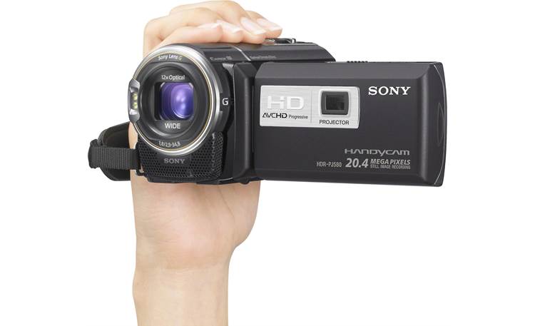 Sony HDR-PJ580V Front, in hands for scale