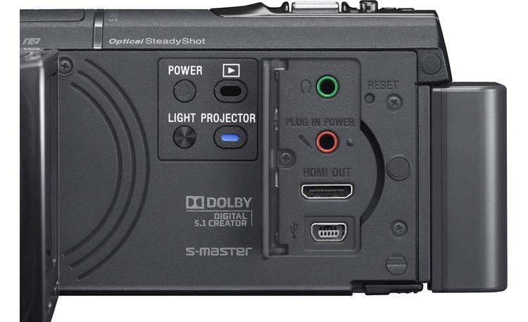 Sony HDR-PJ580V controls and connector panel (open)
