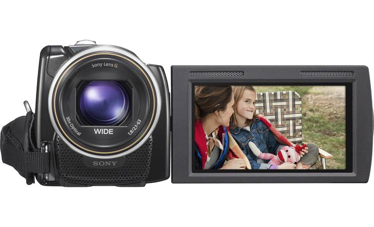 Sony HDR-XR260V Front, with flip-out LCD touchscreen display rotated forward