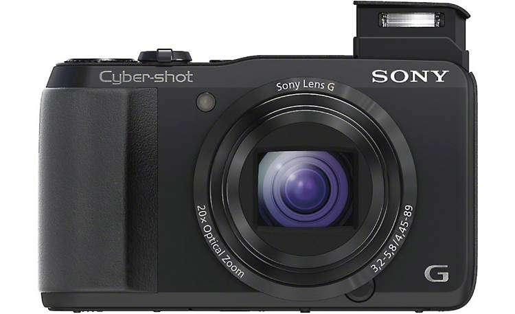 Sony Cyber-Shot® DSC-HX20V Front, straight-on, with flash deployed