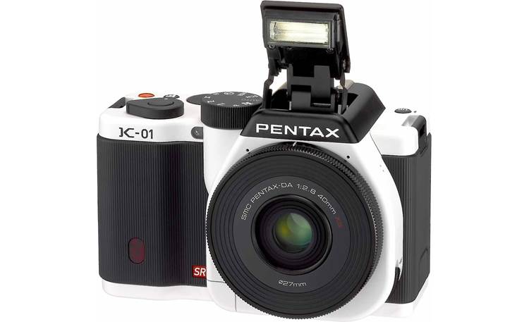 Pentax K-01 Kit w/40mm Lens Front, 3/4 view, with flash deployed