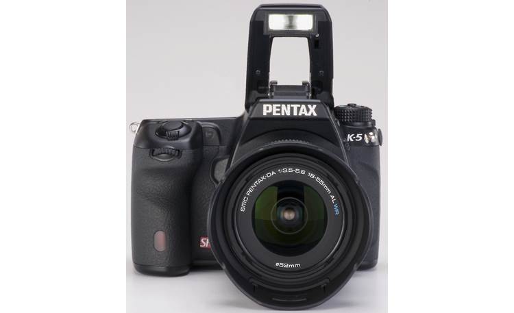 Pentax K-5 Kit Front, straight-on, with flash deployed