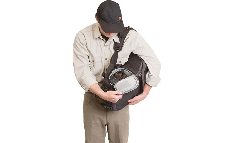 Lowepro Versapack 200 AW Side-entry compartments allow quick access to camera gear (Black/Gray model shown, camera not included)