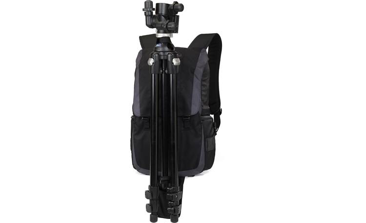 Lowepro Versapack 200 AW Holds a tripod (Black/Gray model shown, tripod not included)