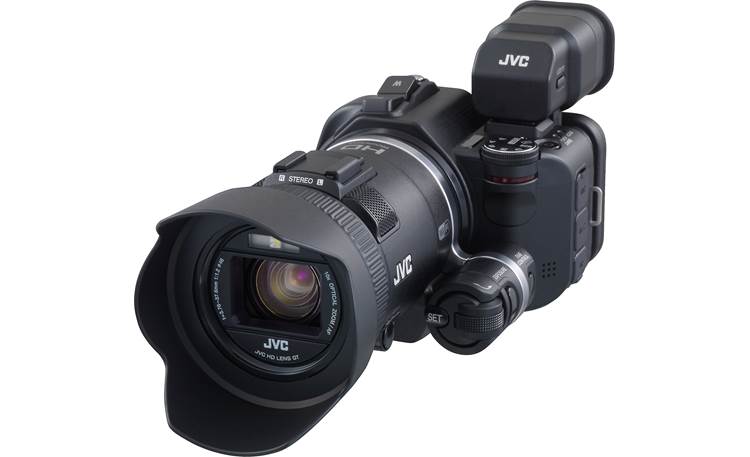 JVC GC-PX100 Front, 3/4 view from right, higher angle (shown with optional viewfinder, not included)