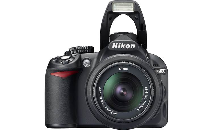 Nikon D3100 Kit with Standard Zoom and Telephoto VR Zoom Lenses Front, straight-on, with flash deployed
