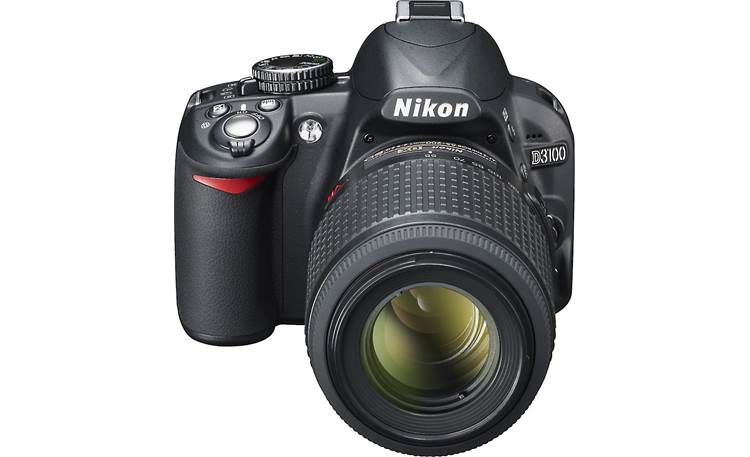 Nikon D3100 Kit with Standard Zoom and Telephoto VR Zoom Lenses Front, higher angle, with included 55-200mm VR lens