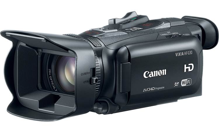 Canon VIXIA HF G30 Front, 3/4 view, from right, LCD stored