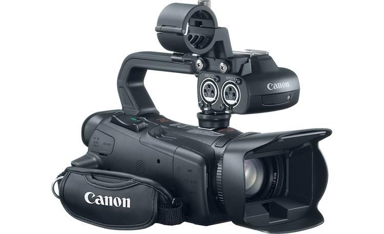 Canon XA20 Front, 3/4 view, from left, with handle attached
