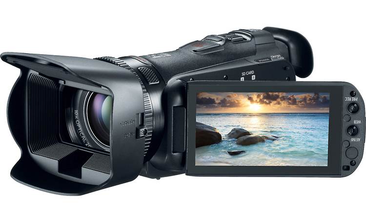 Canon VIXIA HF G20 Front, 3/4 angle from right, with LCD touchscreen rotated outward for monitoring