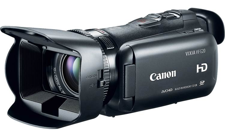 Canon VIXIA HF G20 Front, 3/4 angle from right, with LCD touchscreen rotated for storage