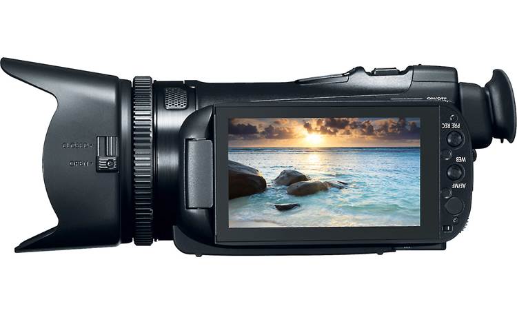 Canon VIXIA HF G20 Left side view, with LCD touchscreen rotated outward for monitoring