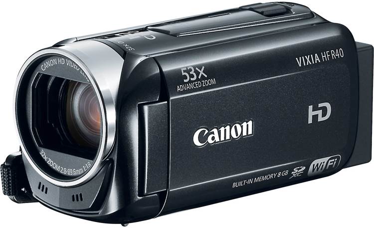 Canon VIXIA HF R40 Front, 3/4 view, from right, LCD stored