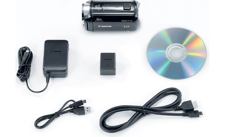 Canon VIXIA HF R40 Camcorder shown with supplied accessories