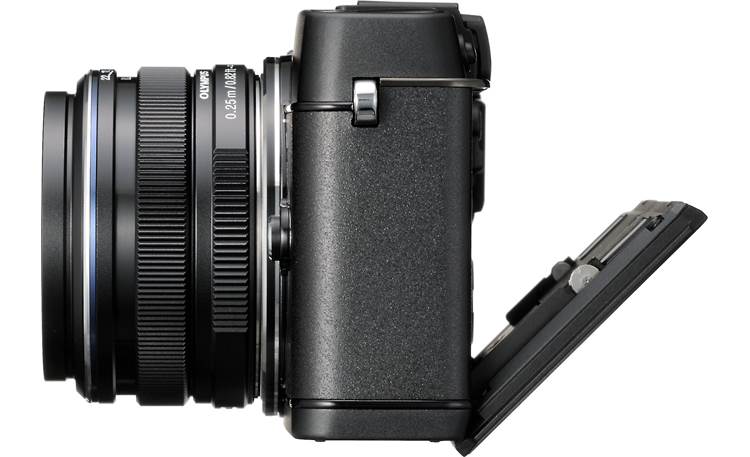 Olympus PEN E-P5 17mm Lens and Viewfinder Bundle Left side view, LCD touchscreen tilted downward