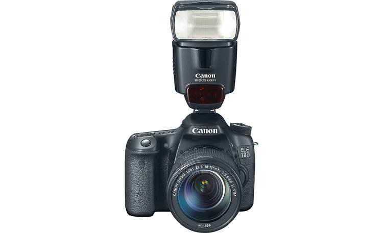 Canon EOS 70D Telephoto Lens Kit Front, higher angle, with external flash unit (not included)