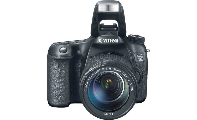 Canon EOS 70D Telephoto Lens Kit Front, straight-on, higher angle, with flash deployed