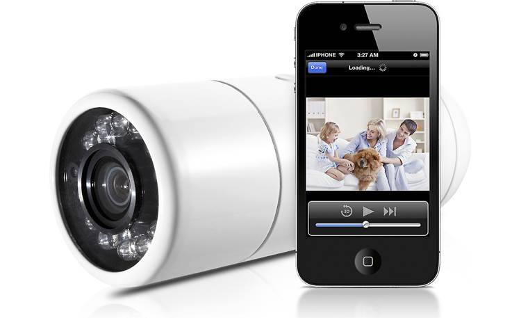 Y-cam Home Monitor Outdoor Shown with smartphone (not included)