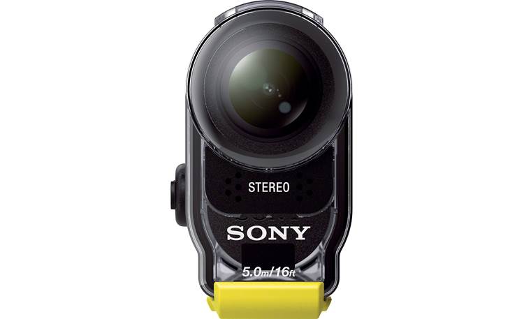 Sony HDR-AS30V/B Front, straight-on, with included waterproof enclosure