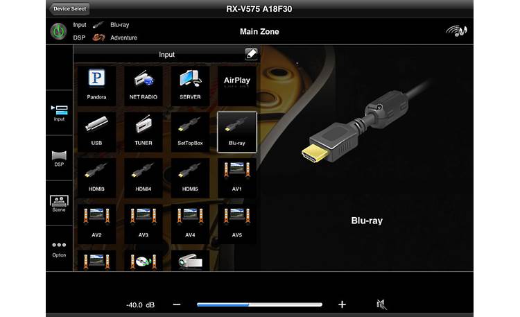 Yamaha RX-V575 Yamaha's A/V Controller app for tablets (shown on iPad)