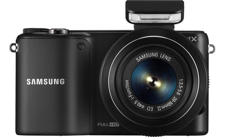 Samsung NX2000 Smart Camera with 2.5X Zoom Lens Kit Front, straight-on, with included flash unit