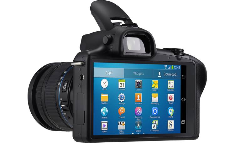 Samsung Galaxy NX-GN120 3/4 view from left rear, flash deployed