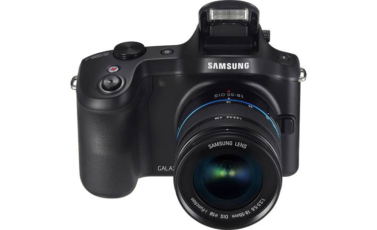 Samsung Galaxy NX-GN120 Front, higher angle, flash deployed