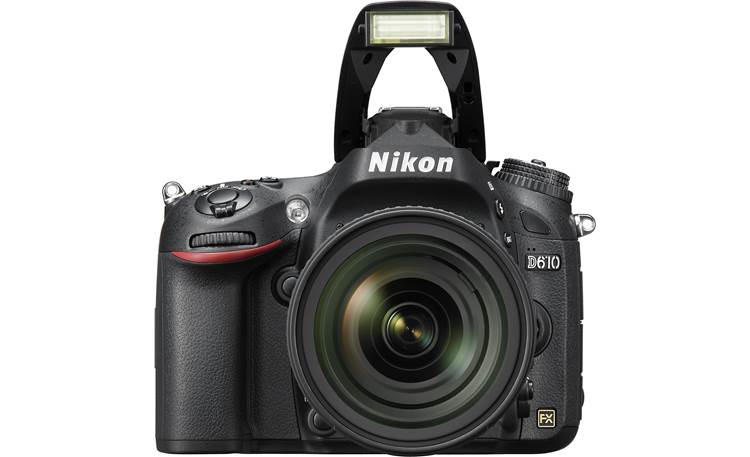 Nikon D610 Kit Front, straight-on, with pop-up flash deployed
