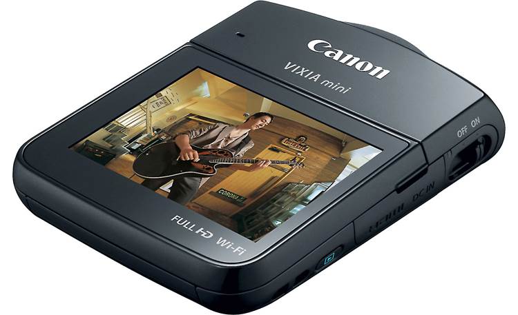 Canon VIXIA Mini Compact Personal Camcorder 3/4 view from rear right with LCD touchscreen angled out