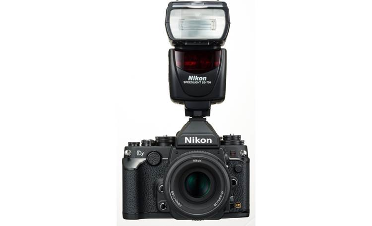 Nikon Df with 50mm f/1.8 lens Front, straight-on, with external flash unit (not included)