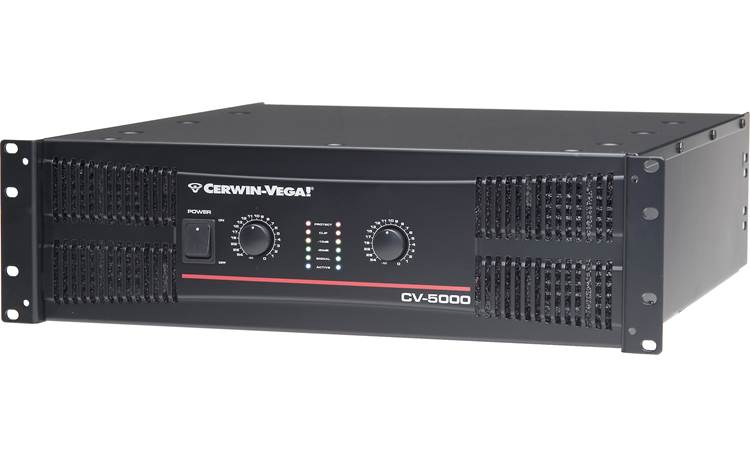 Cerwin-Vega CV-5000 The front panel includes gain controls for each channel, LED indicators, and the power switch.