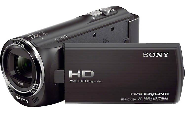 Sony Handycam® HDR-CX220 Front, 3/4 view, with LCD folded out for viewing