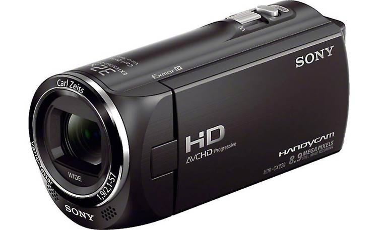 Sony Handycam® HDR-CX220 Front, 3/4 view, with LCD folded in for storage