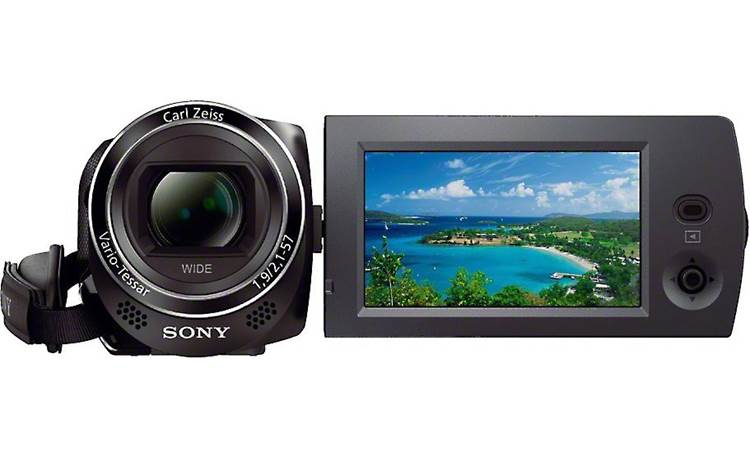 Sony Handycam® HDR-CX220 Front, straight-on, with LCD display flipped 180 degrees for self-portraits